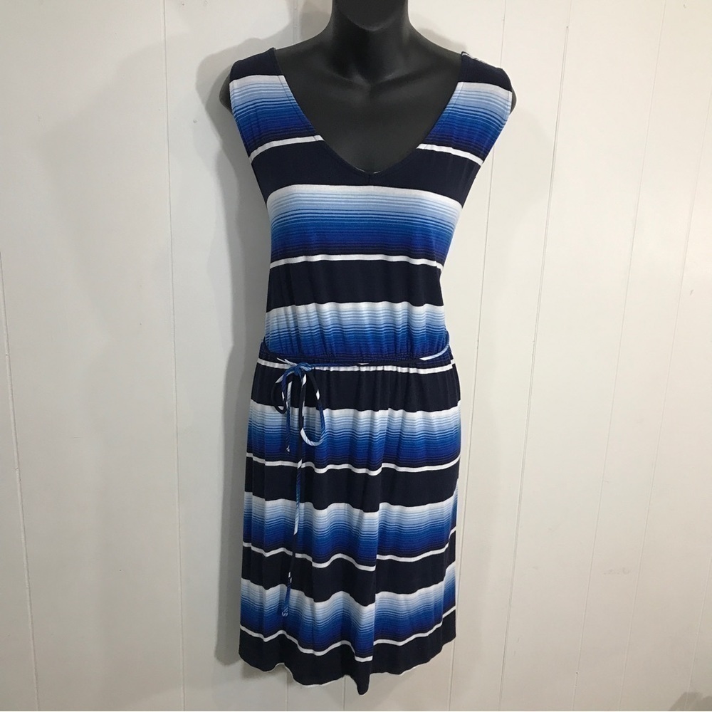 Merona Blue and White Horizontal Stripes Dress Above the Knee Belted XXL